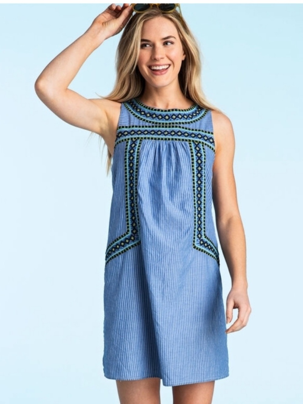 💙Vineyard Vines Yarn Dye Blue Striped Embroidered Sleeveless Shift Dress M💙